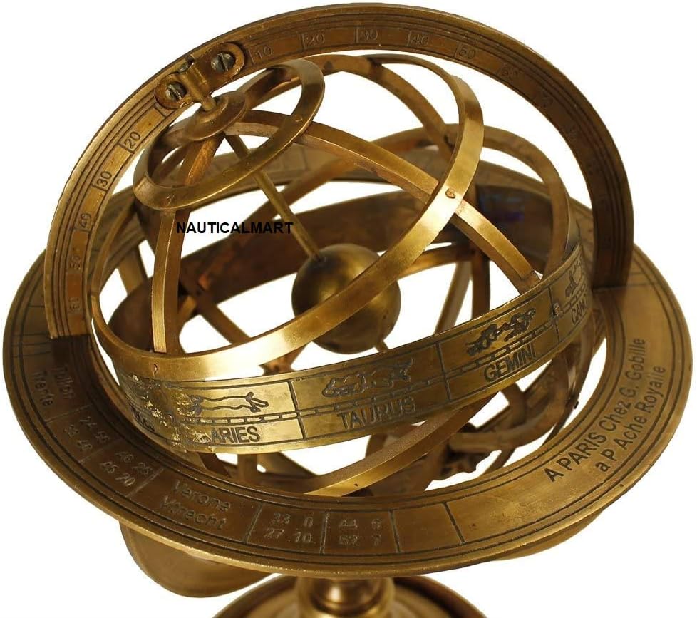 Brass Antique Finish Armillary Celestial Globe with Zodiac Engravings