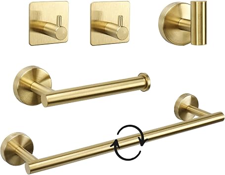 TocTen Bathroom Hardware Set, Thick Stainless Steel Bath Towel Bar Set Including Towel Rack for Bathroom+Toilet Paper Holder+3 Robe Towel Hooks Wall Mount Bathroom Accessory Set24IN,Brushed Gold