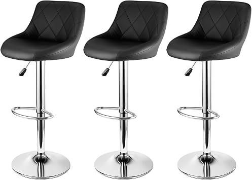 CROWNSHOP Modern Bar Stools Set 3pcs Leatherette Exterior Adjustable Black