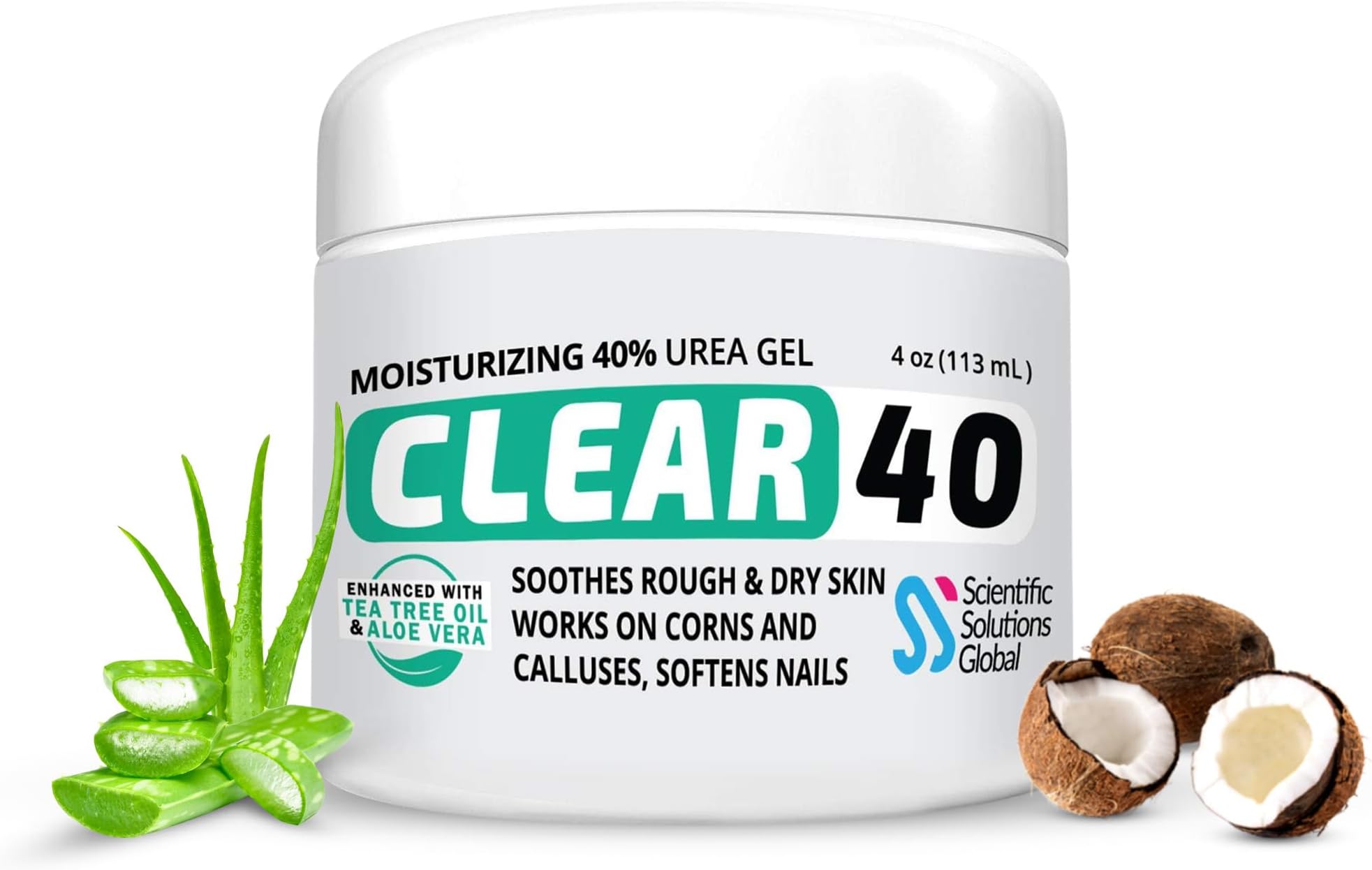 CLEAR 40, 40% Urea Gel, 4 oz w/Tea Tree & Coconut Oil, Aloe Vera Extract, Callus & Corn Remover Moisturizes & Softens Cracked Heels, Feet, Elbows, Hands, Nails, Re-hydrates skin better than creams