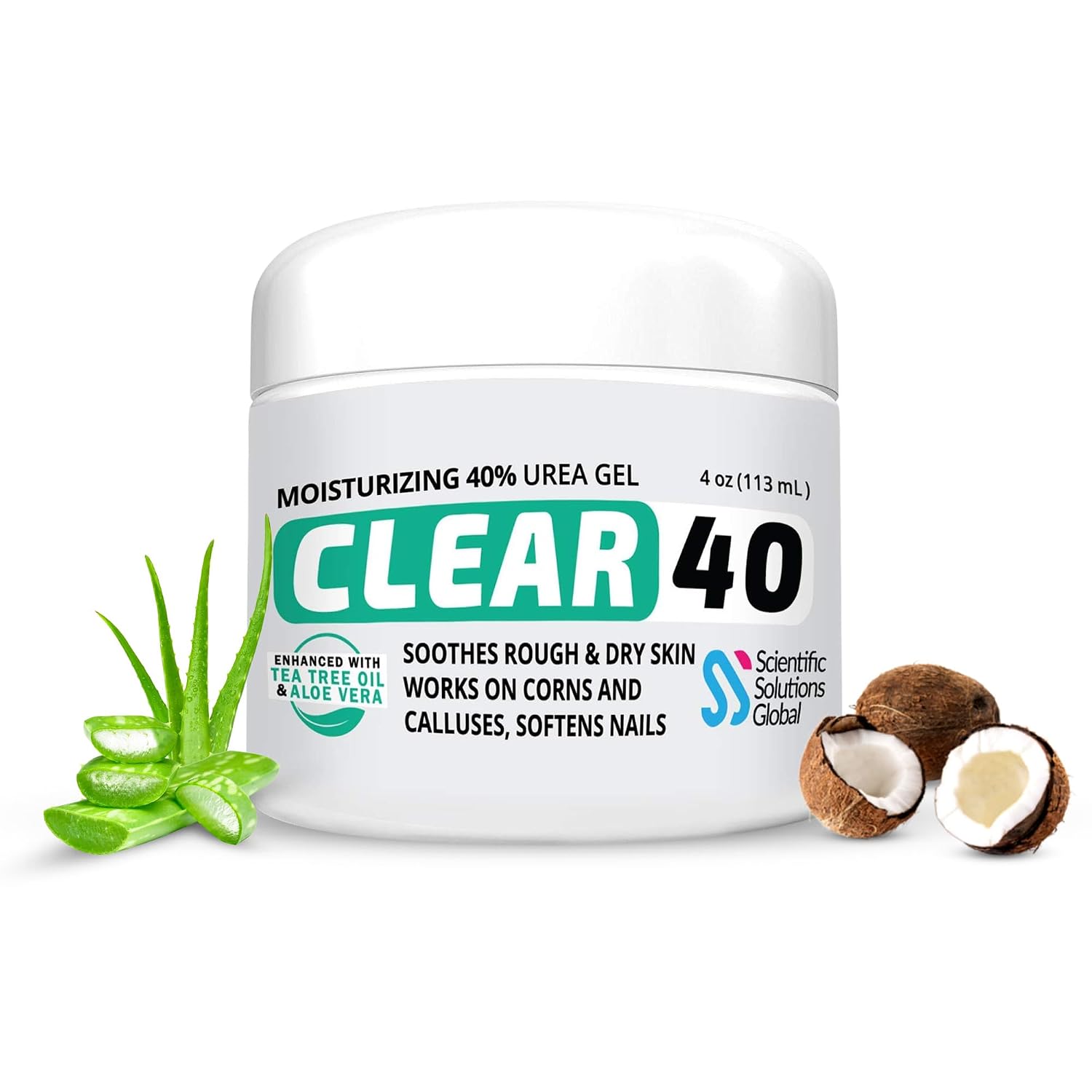 CLEAR 40 Urea Gel 40% (4 oz) with Tea Tree & Coconut Oil & Aloe Vera – Intensive Moisturizing & Exfoliating Gel for Dry Rough Skin, Feet, Heels, Elbows, Hands & Nails – Fast Absorbing Hydration
