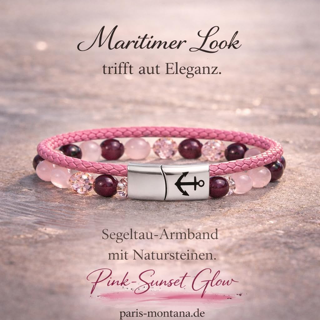 Segeltau & Naturstein Damen Armband – Maritimes Wickelarmband mit Sicherheits Magnetverschluss und Anker Gravur