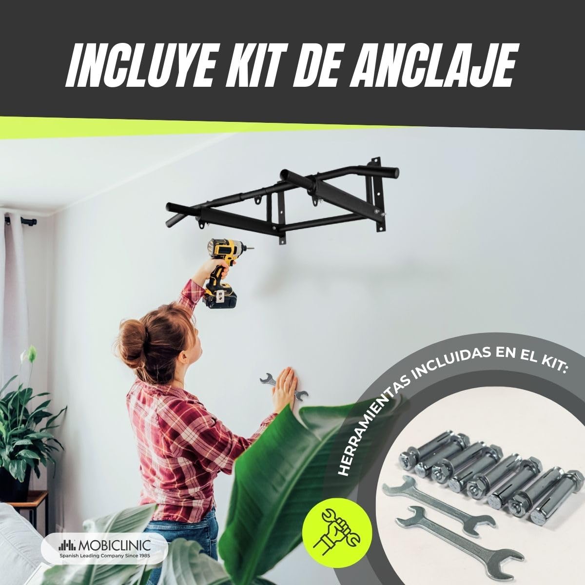 Mobiclinic®, Barra dominadas, Kit de anclaje incluido, Apto para saco boxeo, Asas antideslizantes, Pared, Hasta 250 kg, Multifuncional, Calistenia, Gimnasio en casa, K2