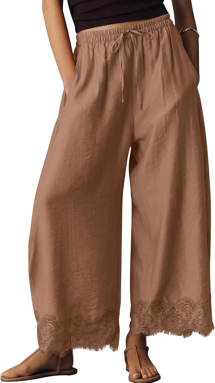 EXLURA Women Cotton Lace Trim Wide Leg Pants Summer Casual Cropped Drawstring Elastic Waist Lightweight Trousers with Pockets