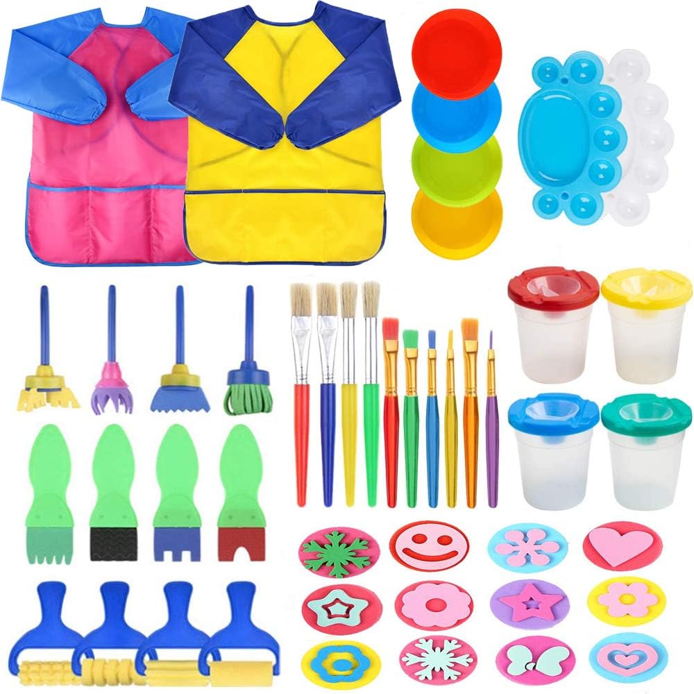 OFKPO 18-Piece Kids Painting Set – Sponge Brushes, Stamp Brushes, Apron & Palette For Toddler Art