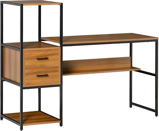 HOMCOM Industrial Style Home Office Computer Desk with Storage Shelf Drawer, PC Study Table Writing Workstation, Light Walnut Brown Black