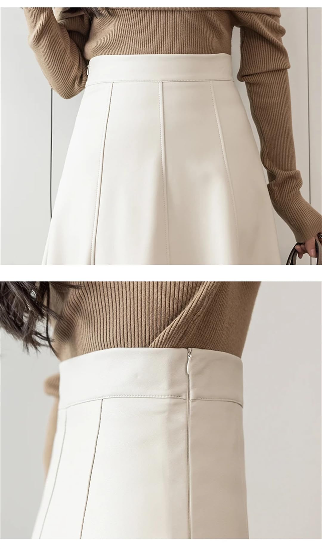 Otoño Invierno Mujeres PU Cuero Faldas Elegante Sólido Patchwork Cintura Alta A-Line Midi Falda