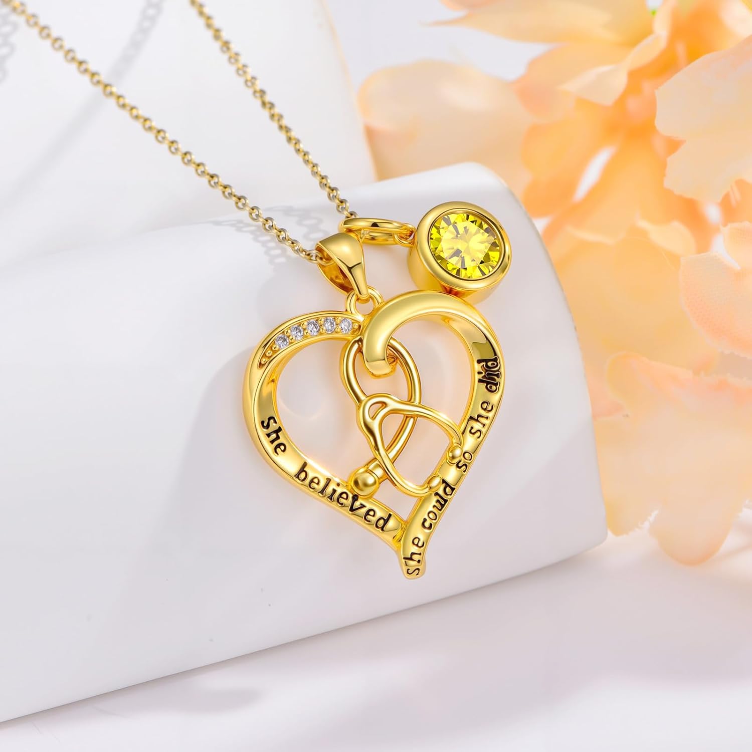 Nurse Gifts for Women 18K Gold Plated Heart Birthstone Stethoscope Pendant Necklace Doctor Nurses Week Gifts Medical Jewelry RN Registered Graduation Retirement Gift