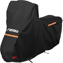 Cubre Rueda Moto Favoto Funda para Moto Cubierta de Motocicleta 210D Oxford con Parabrisas Alto Tiras Reflectantes, Resistente a Agua Polvo Lluvia Viento Excrementos de Pájaros, 220x105x160cm Negro