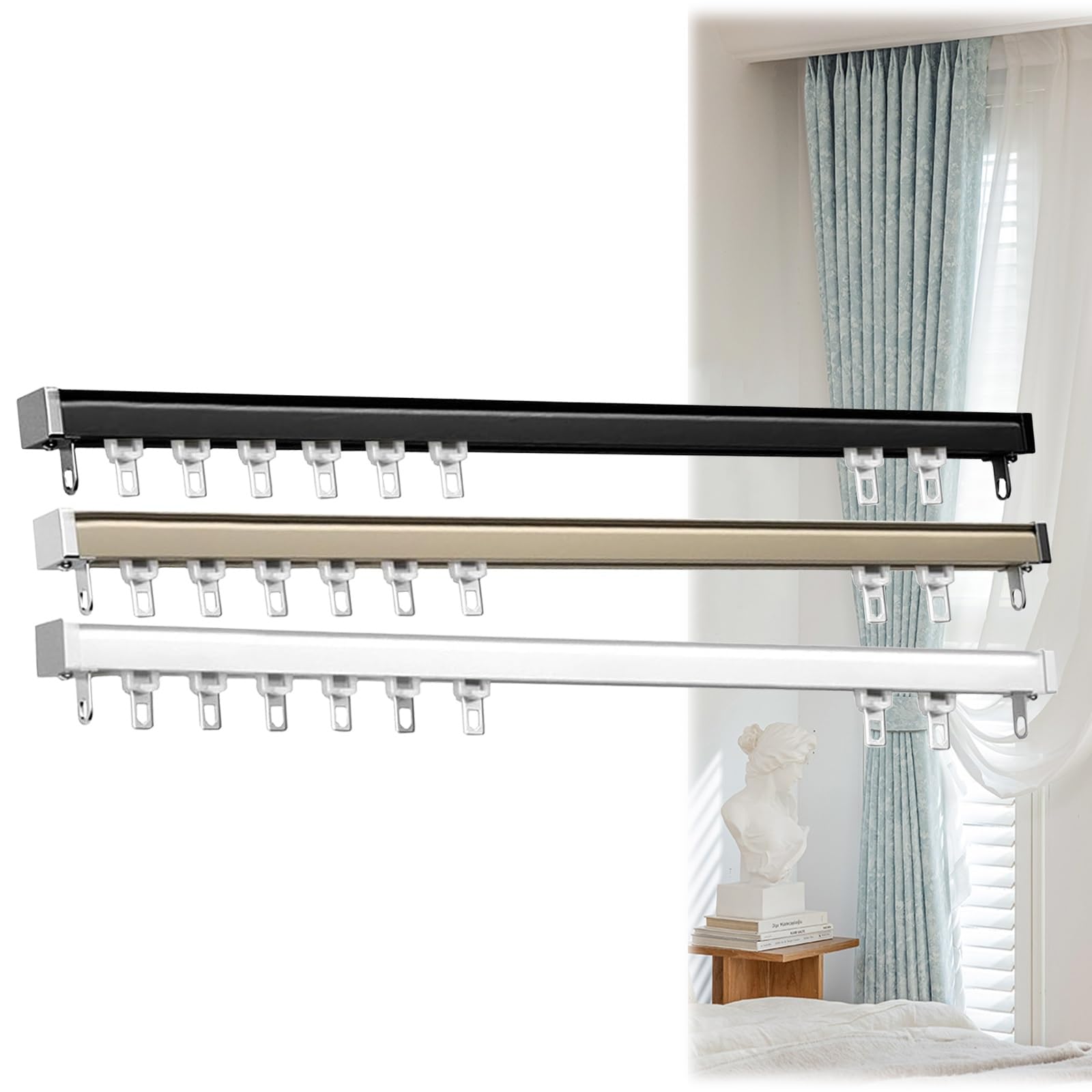 Curtain Rail With Mute Rollers, For Window Room Divider, Wall Divider Curtain, RV Curtain Track,Ceiling Track For Curtains,Sliding Curtain Track(Champagne color,180cm)
