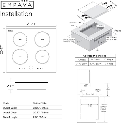 Miniatura 7 de Empava - Anafe eléctrico de inducción de 24 pulgadas con 4 quemadores de potencia máxima, superficie lisa de vidrio cerámico vitro en negro, 61 cm