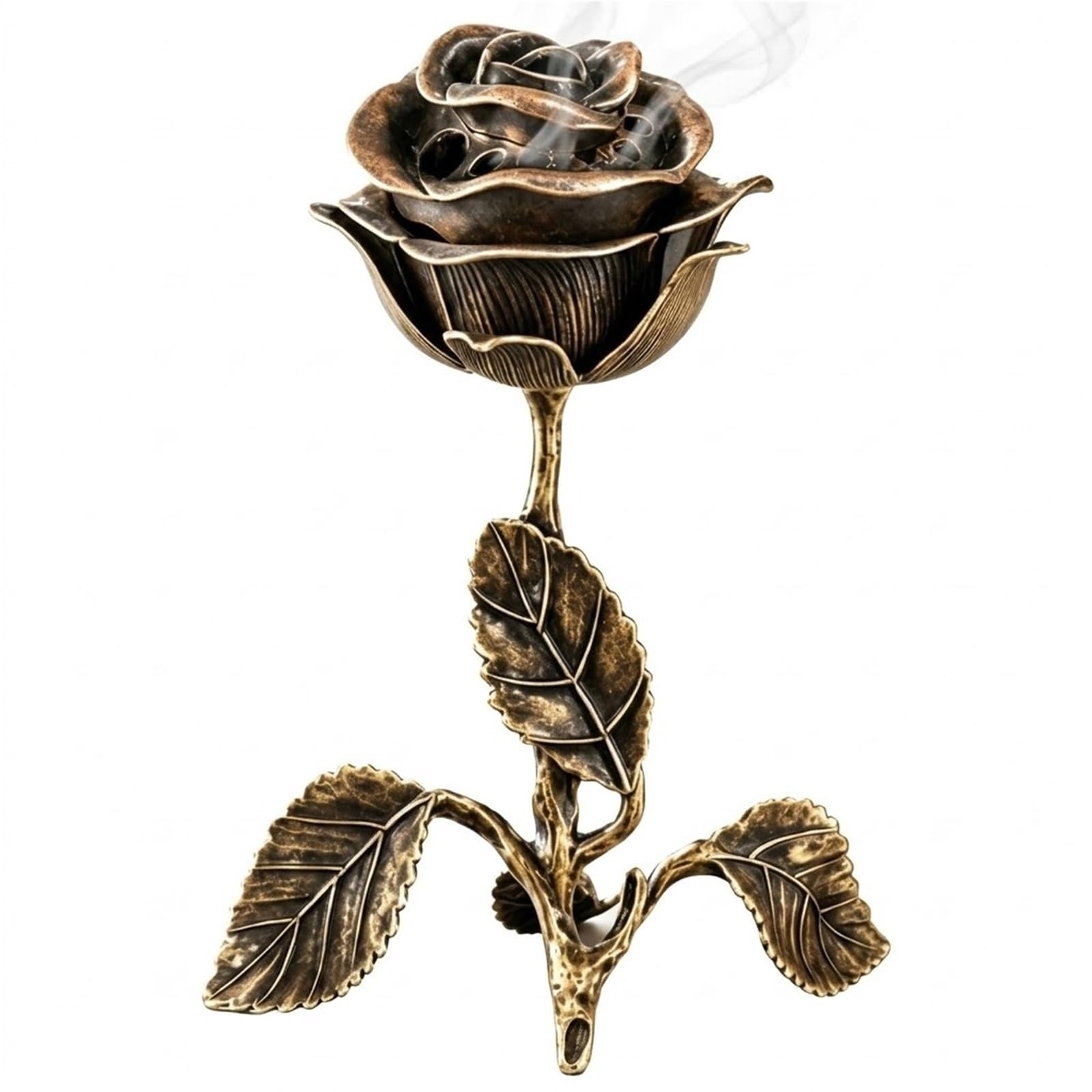 Vintage Rose Incense Burner, Decorative Rose Incense Holder,Antique Copper Metal Flower Incense Holder with Upside Down Ash Catcher,for Home Decor Meditation Yoga(Bronze)