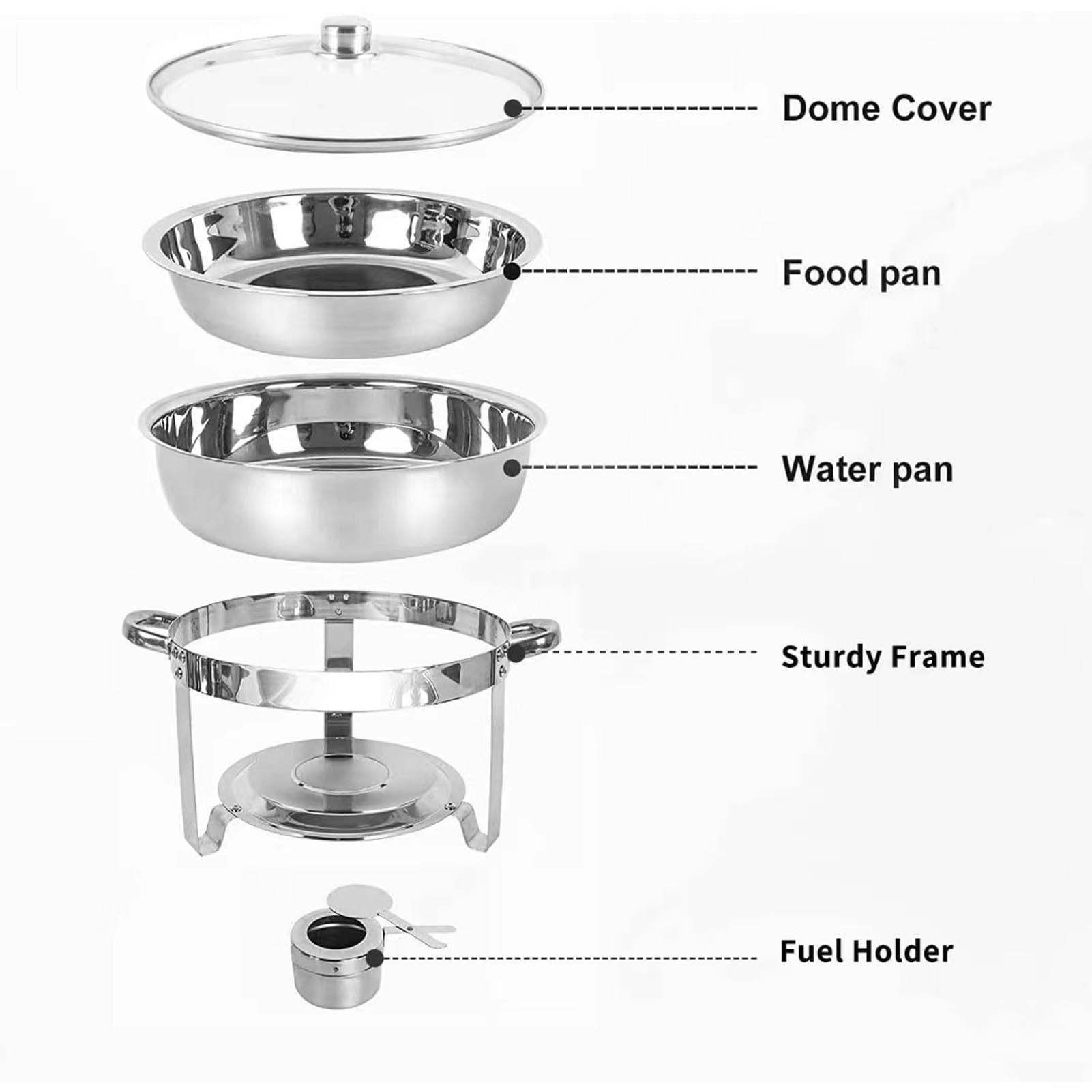 Ensemble de plats à frire – Chauffe-buffet rond en acier inoxydable avec couvercle en verre pour la restauration et les événements