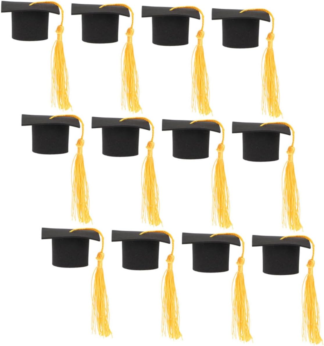 CALLARON 12pcs Graduation Cap Cupcake Toppers with Yellow Tassels, Mini Graduation Party Cake Ornaments, Non-edible Grad Hat Picks for Celebration Decor