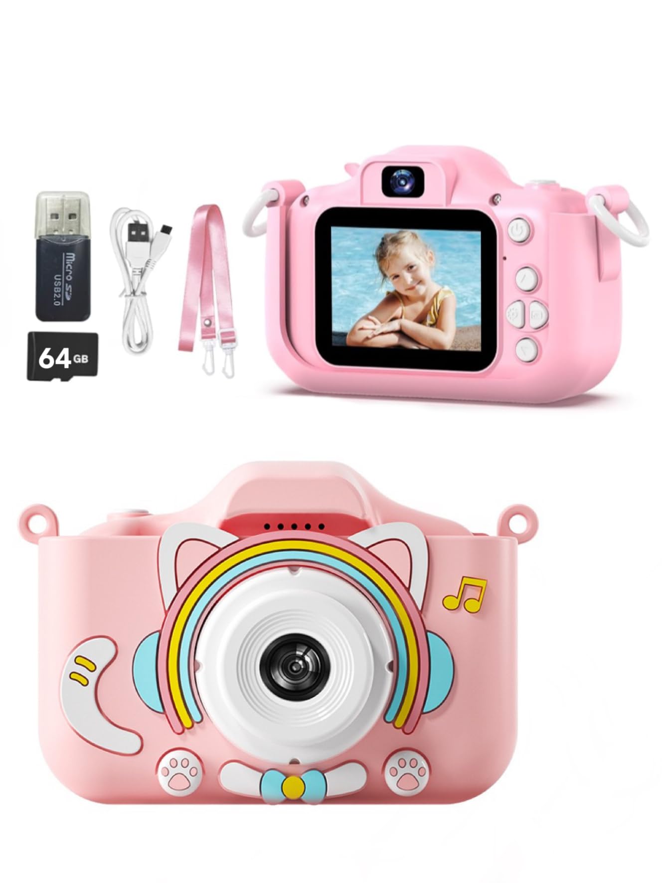 AWHKids Camera Toy for Girls, 64GB LED Rechargeable Kids Toy Digital Camera for Toddlers 6+ Years Old Kids Girls Toy Birthday Gift Games, Photos Selfies 1080P Videos Stickers MP3 Timer Functions