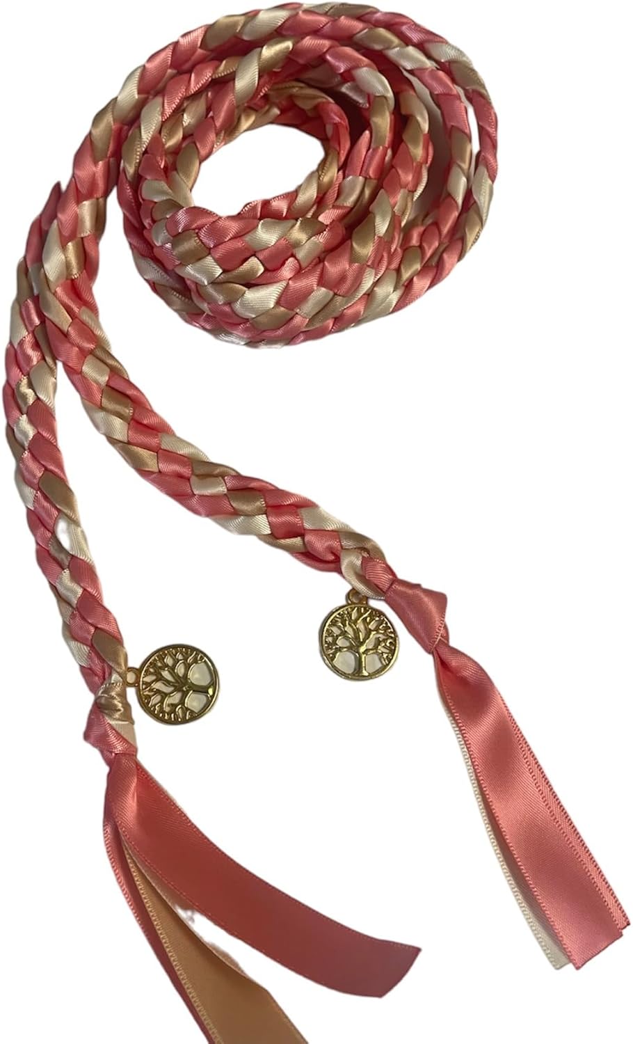 Coral, Soft Gold and White Handfasting Cord with Tree of Life- Braided Together- Ceremony- Rope- Cord- Wedding