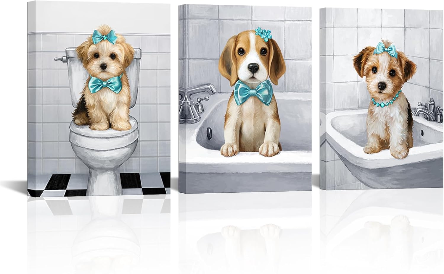 sechars Bathroom Dogs Wall Art Bow Tie Dogs Painting Canvas Prints Funny Animal Bathroom Decor 12"x16"x3 (Teal)