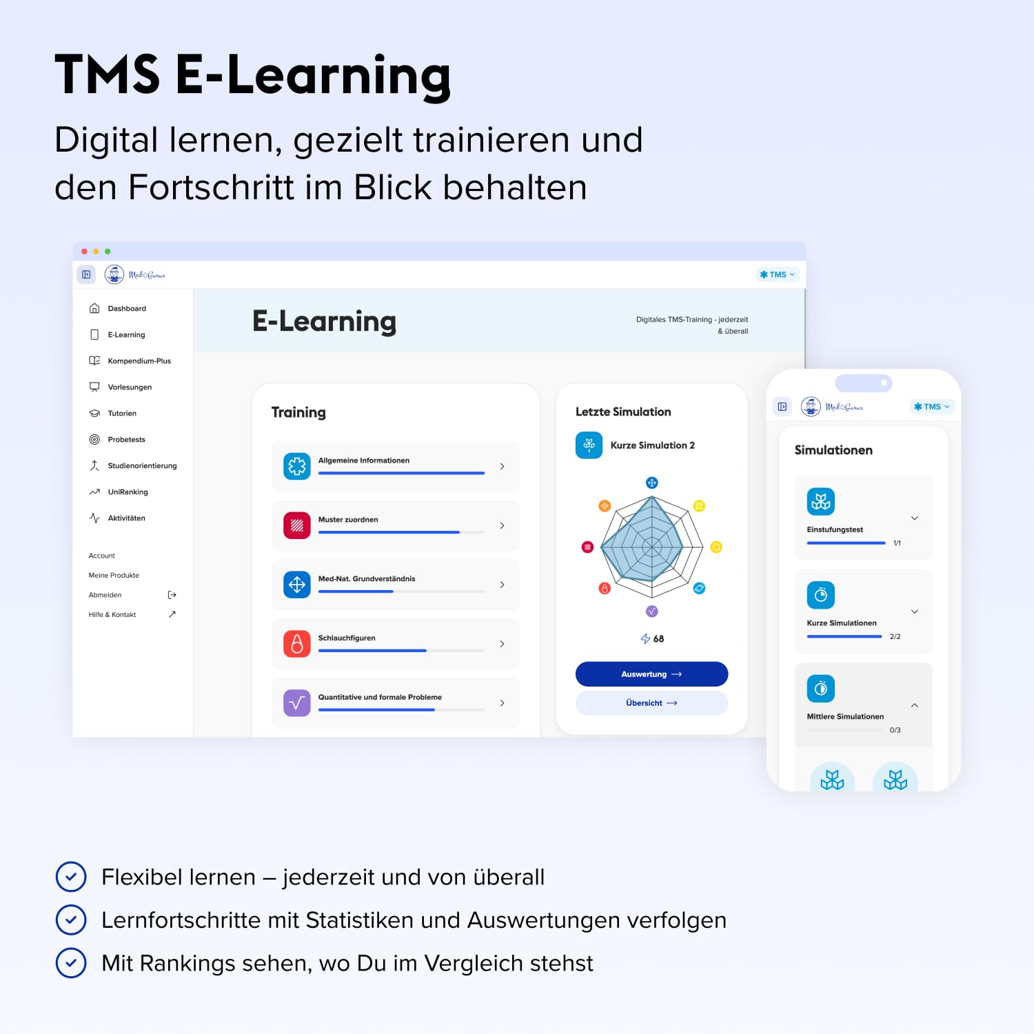 MedGurus - TMS Komplettpaket - Umfassende Vorbereitung auf den Medizinertest mit 7.000+ Übungsaufgaben, E-Learning & Kompendium inkl. TMS Simulation - Erfolgreich ins Medizinstudium