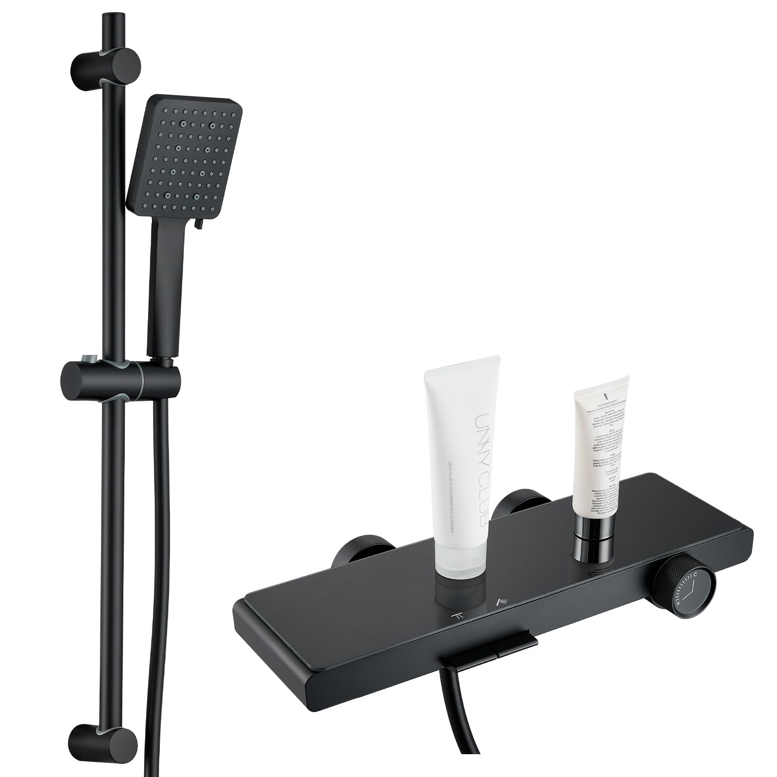 Auralum Grifo Bañera con Ducha y Caño, Diseño Piano con Estante Amplio para Baño, Columna Ducha Ajustable con Alcachofa Ducha 6 Funciones, Barra Ducha Regulable, Flexo PVC 1,5 m Antitorsión, Negro