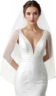 Wedding Veil for Bride 1 Tier Bridal Veil with Crystals Beaded Edge for Women and Brides