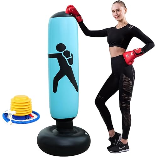 Punching Bag for Adult,Inflatable Freestanding Heavy Duty Boxing Bag with 4 inch Inflatable Foot Pump,Women Men Training Equipment Exercise Boxing Standing Punching Bag (Blue-1).