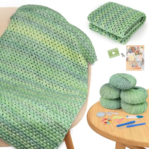 Image of Aeelike Blanket Crochet Kit for Beginners, Super Easy Crochet Blanket Kit with Soft & Colorful Gradient Yarns Detailed Video Tutorials Crocheting Accessories, Moss Green Gradient & Ideal Gift
