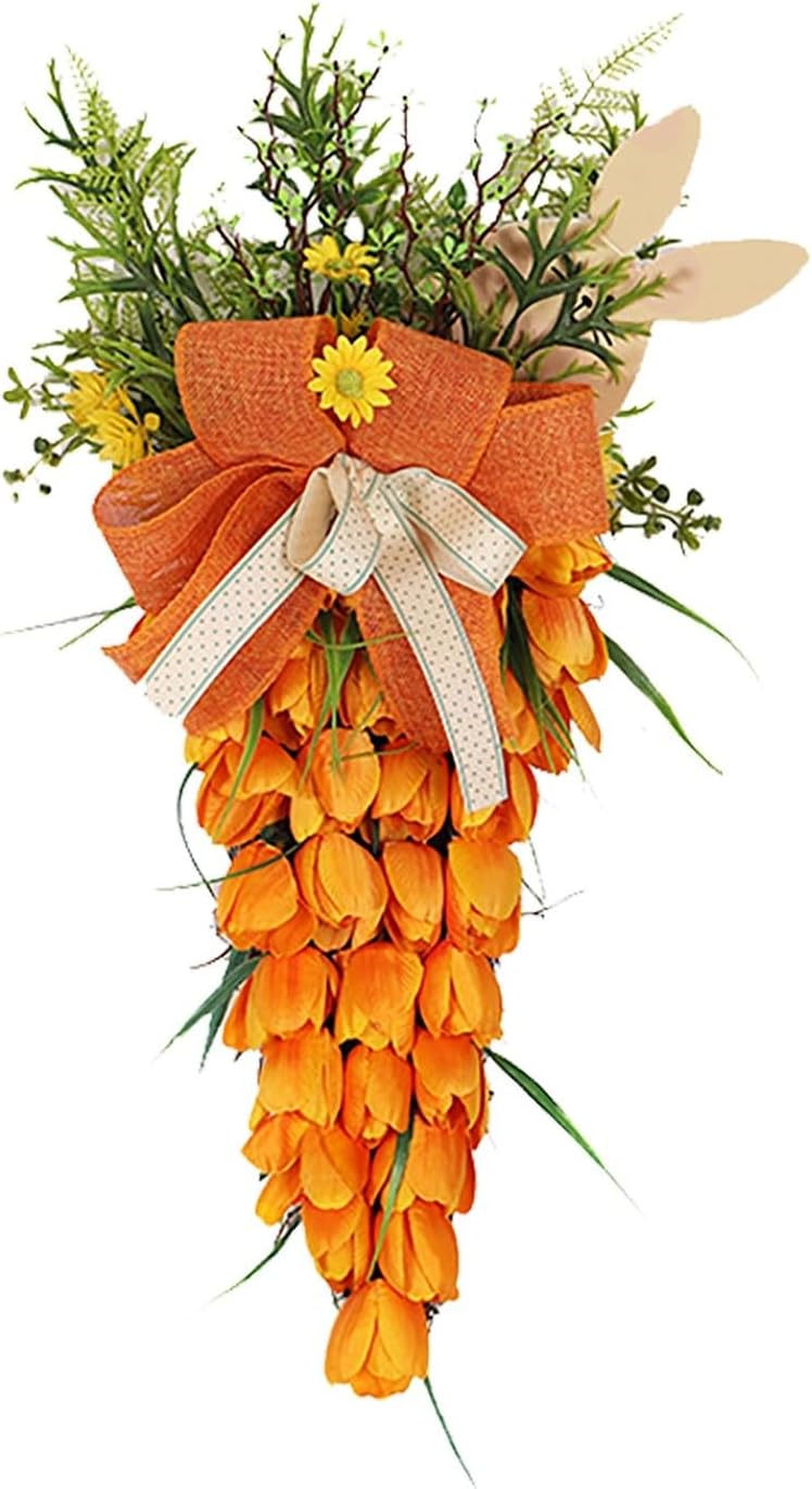 Easter Carrot Wreath,Easter Door Decoration Decorated with Carrots,Tulip Spring Easter Wreath for Front Door,Carrot Shape Wall Hanging Home Decor (C)