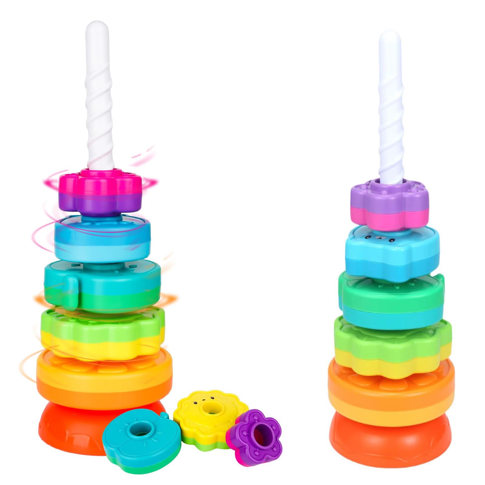 Kasebro Spinning Stacking Rings for Toddlers 1-3, Montessori Toys for 1 Year Old Boy Girl Gift, Educational Baby Stacker with 8 Rainbow Colors - Sensory Learning Toys 12-18 Months