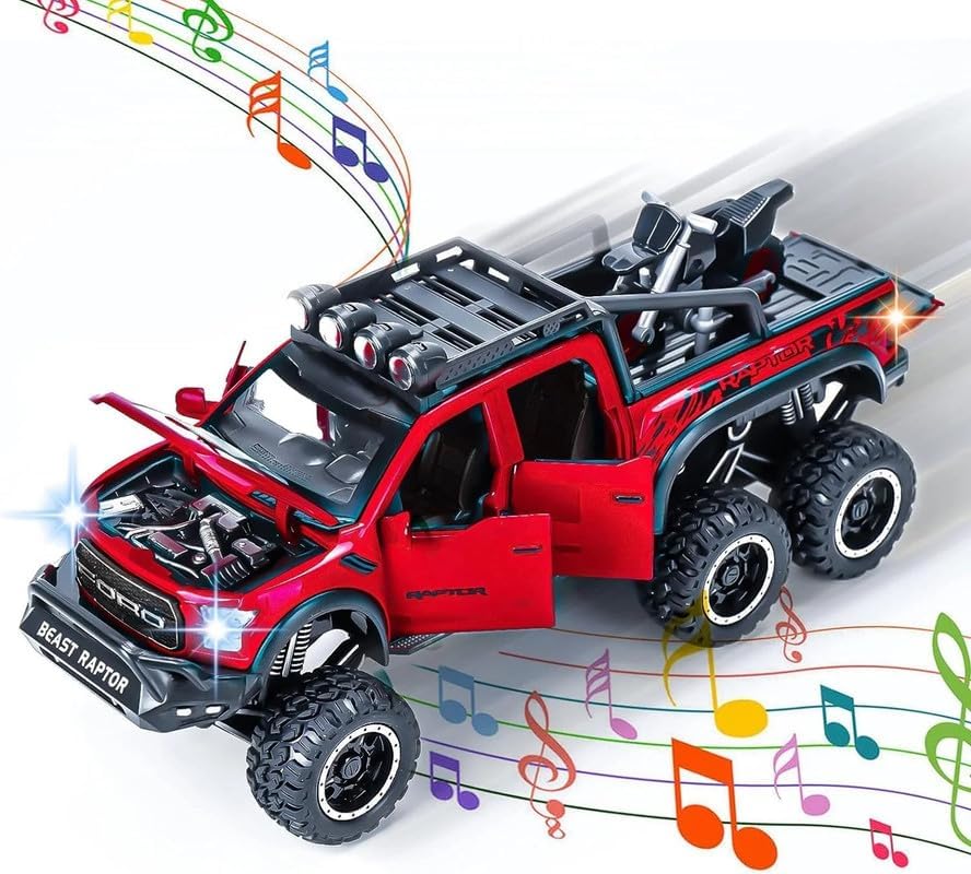 Image of Kids Model 1:24 Raptor F150 Die Cast Metal Car Pull Back Action Opening Doors with Realistic Engine Sound Lights Toy Car Gift for Boys - Red