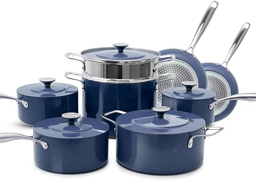 Nuwave Lux - Colección de utensilios de cocina prémium de 13 piezas, cerámica azul Duralon Healthy G10 antiadherente, ultra duradero, sin PFAS,
