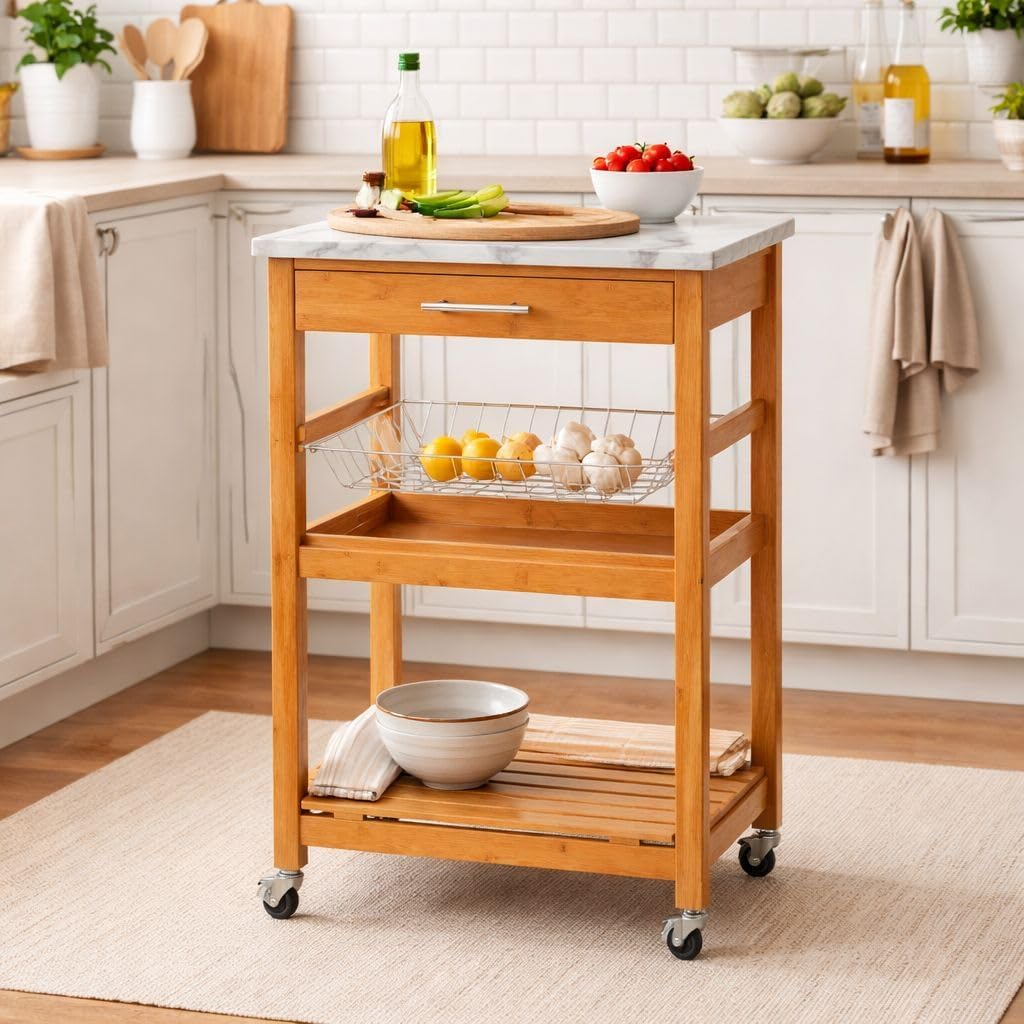 Boraam Aya Bamboo Kitchen Cart with Faux Marble Top