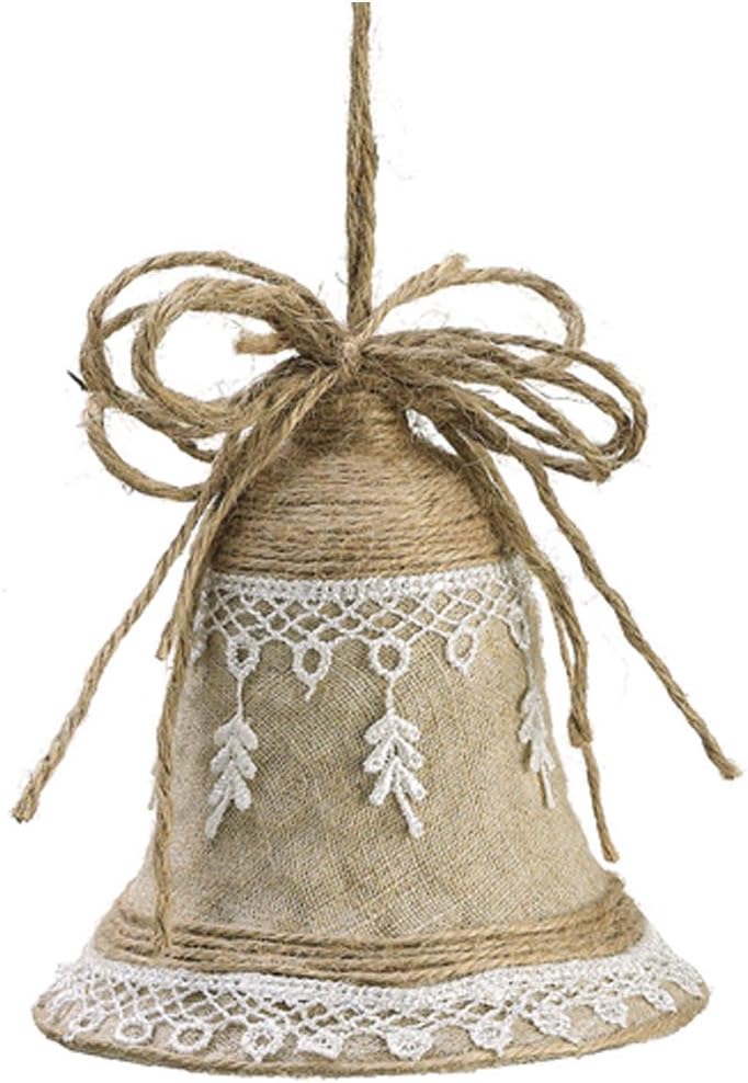 5.25" Burlap Lace Rhinestone Bell Ornament Natural White (pack of 12)