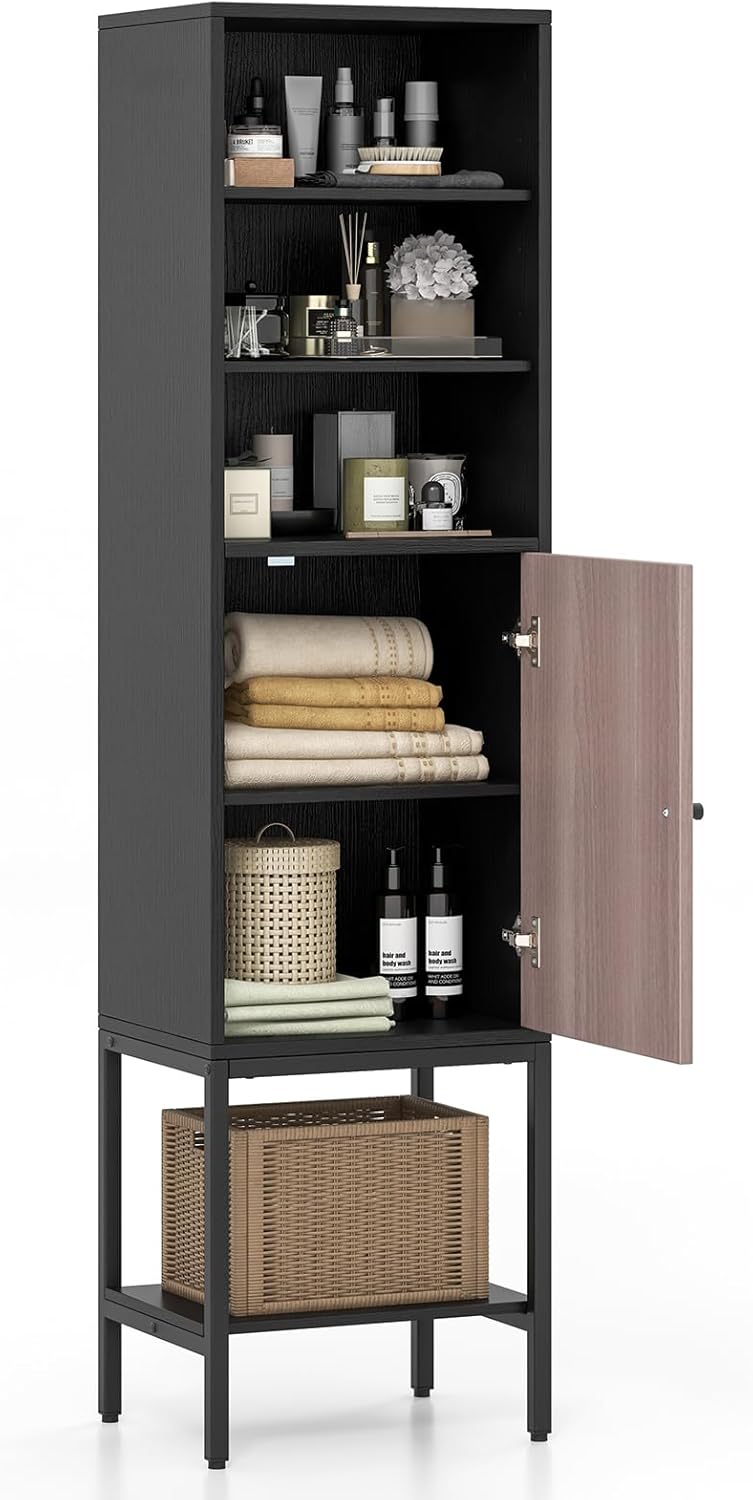 Giantex 57” Tall Bathroom Storage Cabinet, Floor Cabinet with Door, Adjustable Shelves & Foot Pads, Metal Legs, Anti-Tipping Kit, Slim Bathroom Storage Unit for Living Room, Kitchen (Black)