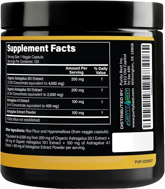 Puritys Best Astragalus Root Complex 600mg Organic 20:1, 10:1 & 4:1 Extract Blend Immune Support & Natural Balance 120 Vegan Capsules