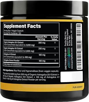Puritys Best Astragalus Root Complex 600mg Organic 20:1, 10:1 & 4:1 Extract Blend Immune Support & Natural Balance 120 Vegan Capsules