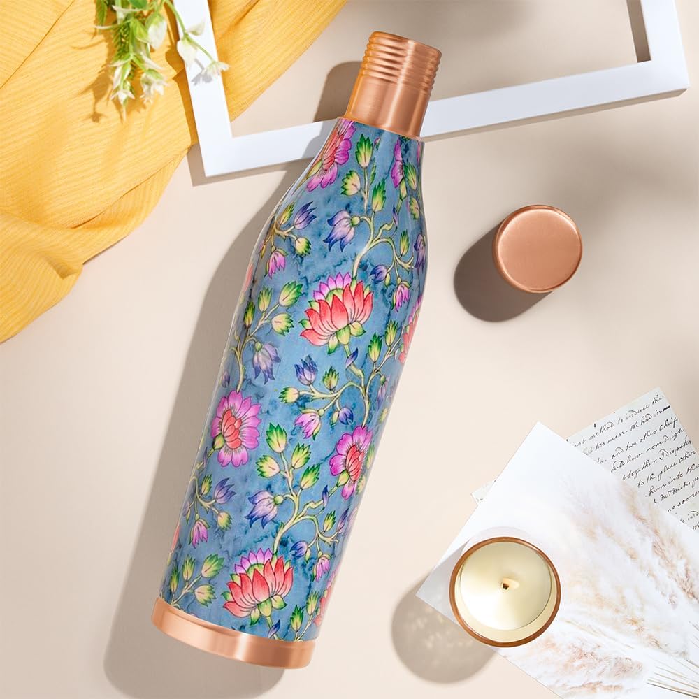 Borosil 1100 ml Gemini Series Quinn Design Copper Bottle | 100% Pure Copper, BPA Free & Leakproof with Anti-Oxidant Properties of Copper | Printed Designer Bottle for Home, School & Office