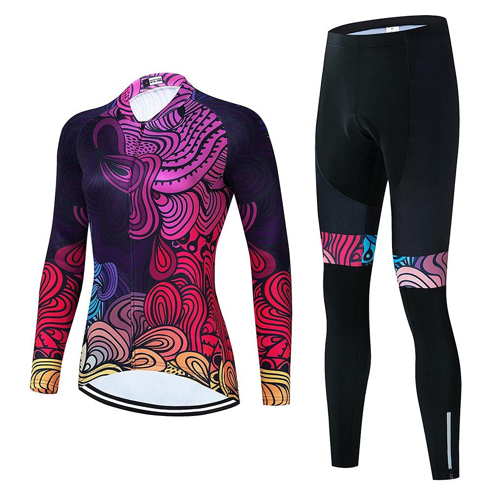 Women's Cycling Clothing Set Long Sleeve Road Bike Shirt Cycling Jersey Bicycle Pants with 20D Gel Padded
