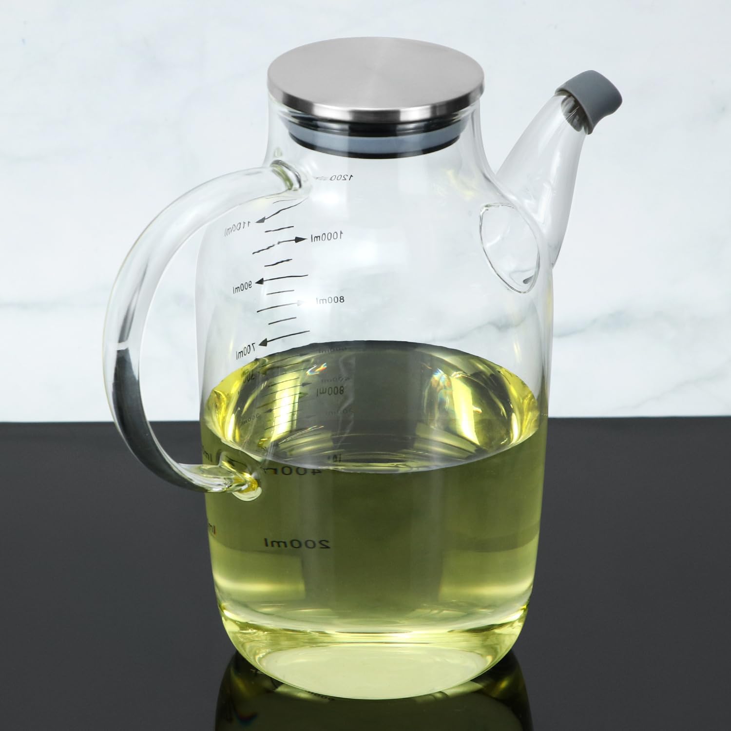 QWORK 1200ML/40Oz Large Glass Cooking Oil Bottle with Stainless Steel Lid, Oil & Vinegar Dispenser Bottle for Olive Oil, Vinegar, Soy Sauce, Kitchen No Drip Liquid Container image 4