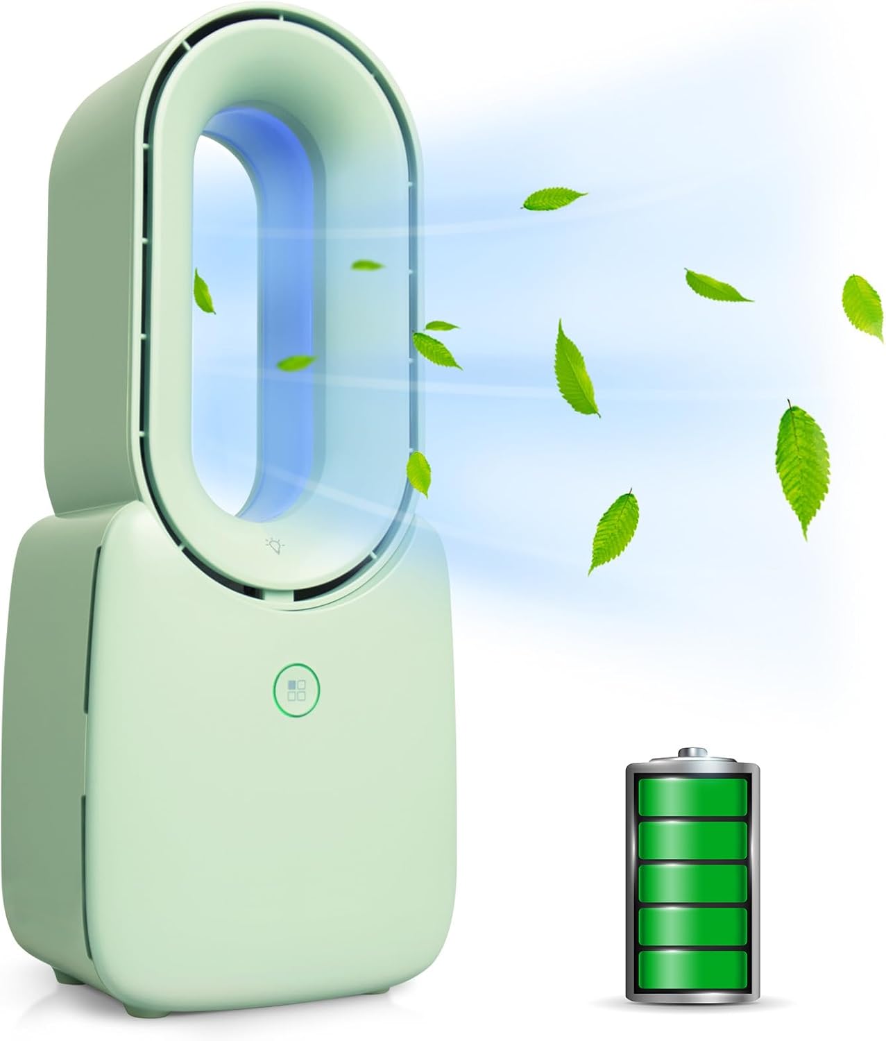 CONBOLA Desk Fan, 11.8 Inch Bladeless Fan Small Table Fan Air Cooler, Portable Rechargeable Breeze Quiet Fan with Touch Control 5-Colors Decorative LED Light for Office Bedroom?Green? Rechargeable battry powered green