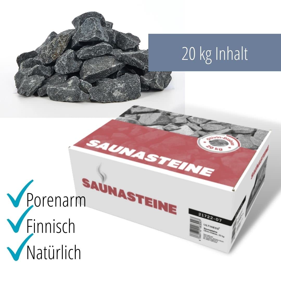 Saunasteine 20 kg OLIVIN DIABAS finnische Aufgusssteine | Dampfsteine für Saunaofen Elektroofen Holzofen Saunazubehör, Vulkanit, Bioofen, Innensauna, Saunaofensteine, Rund, Granit