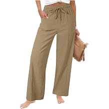 Cotton Linen Pants Women Palazzo Wide Leg Summer Beach Flowy Petite Drawstring Pockets
