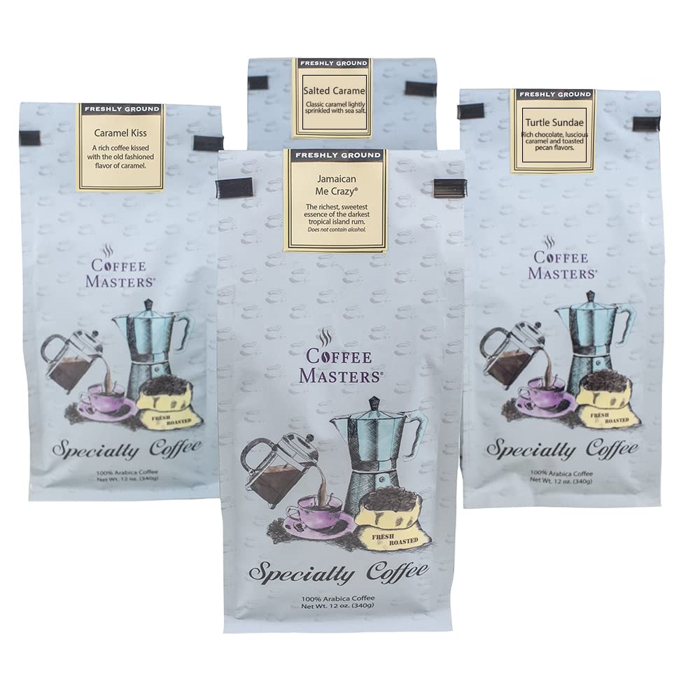 Coffee Masters Ground Coffee Sampler, Caramel Kiss, Jamaican Me Crazy, Turtle Sundae and Salted Caramel, 48 Ounce