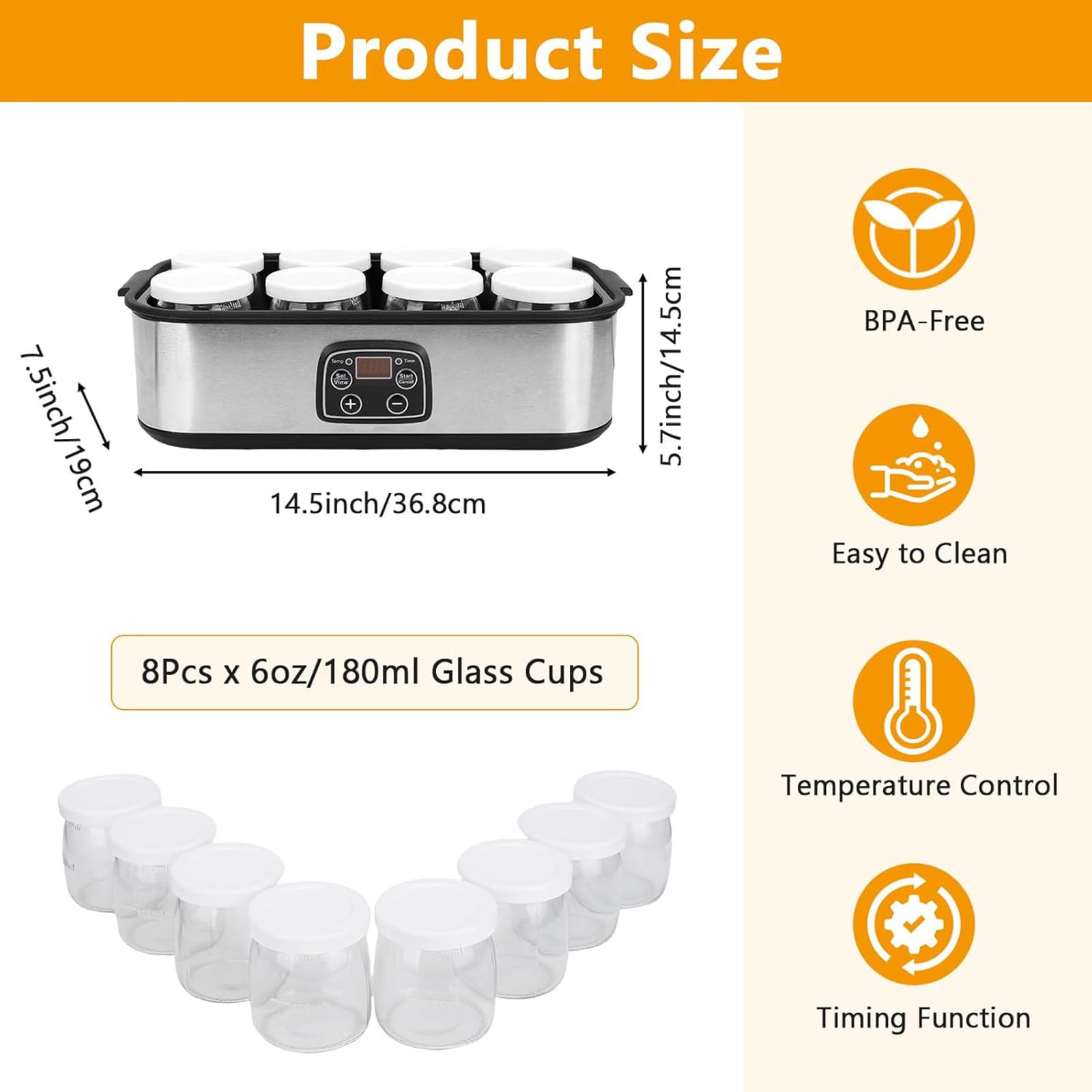 Yaourtière avec 8 pots en verre de 180 ml, 1400 ml