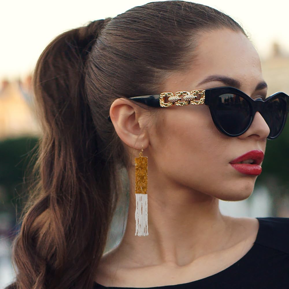 SPUNKYsoul Handmade Statement Earrings for Women - Miyuki Delica Seed Bead Fashion Earrings, Gold and Creme, Shimmering Lightweight Earrings for Women (GOLD & IVORY) - Image 2