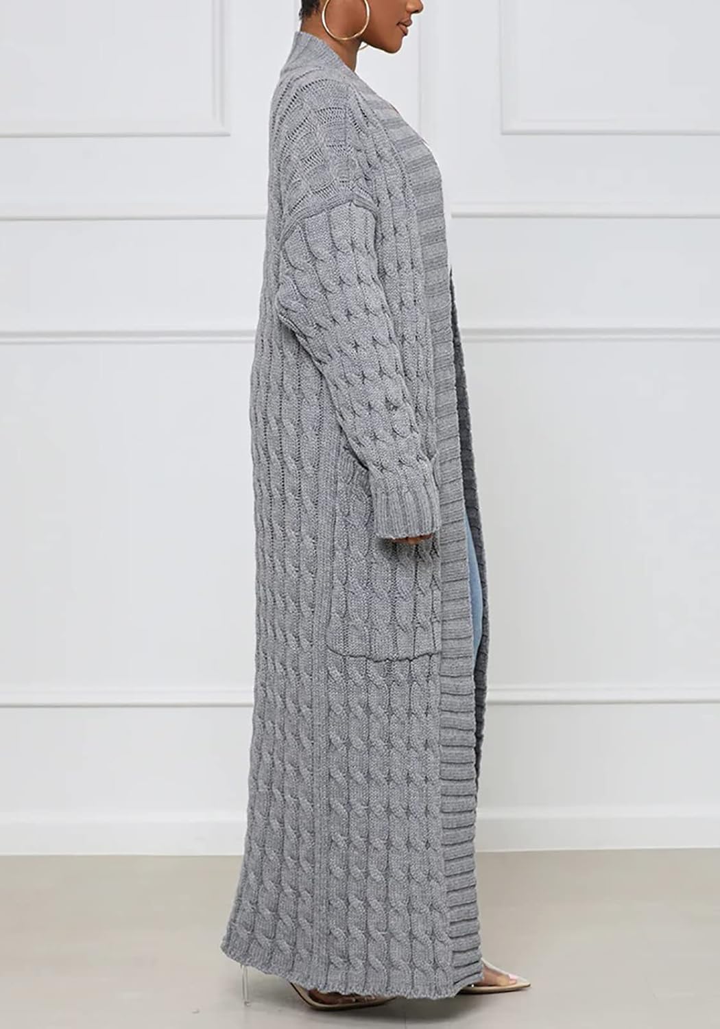 Tcremisa Long Cable Knit Cardigans for Women Chunky Open Front Maxi Sweater Coat Loose Dual Pocket Winter Outwear - Image 3