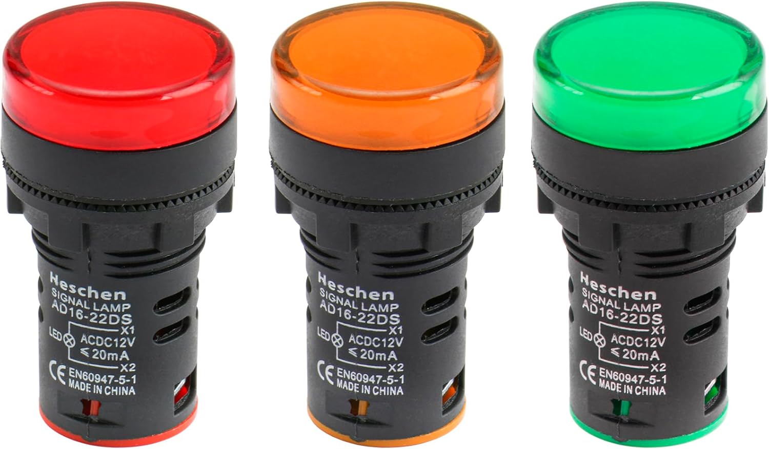 Front view of the Heschen 22mm LED indicator lights.