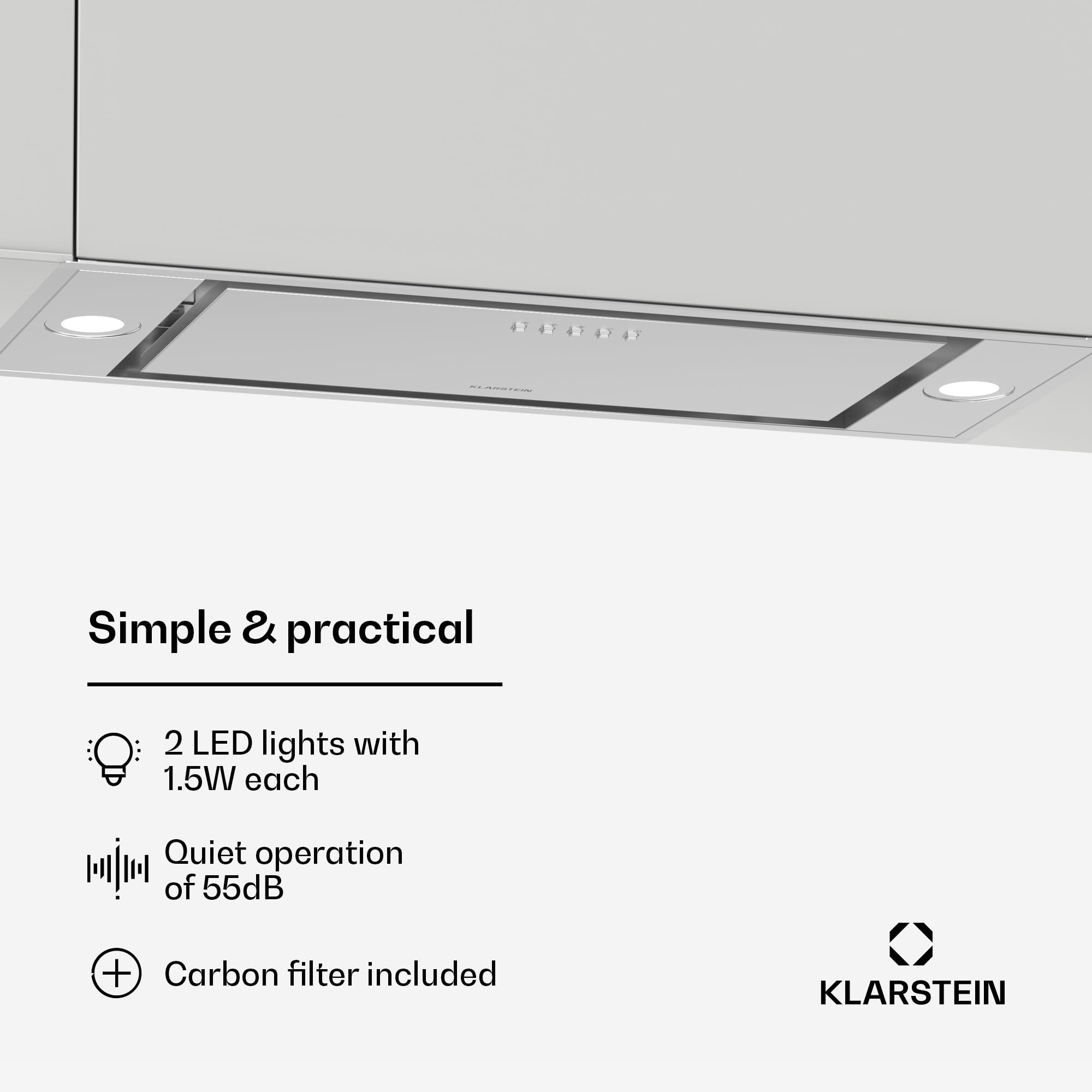Klarstein TurboMax Okap podszafkowy, 75 cm okap podszafkowy, Przepływ 382 m³/h, Klasa energetyczna A+, Oświetlenie LED, 3 stopnie wentylatora, Filtr węglowy, Biały