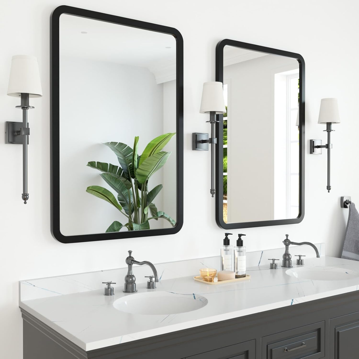 2 Pack 22 x 30 Inch Black Bathroom Mirrors for Over Sink, Metal Frame Rectangle Mirror, Modern Farmhouse Vanity Mirror, Wall Mounted