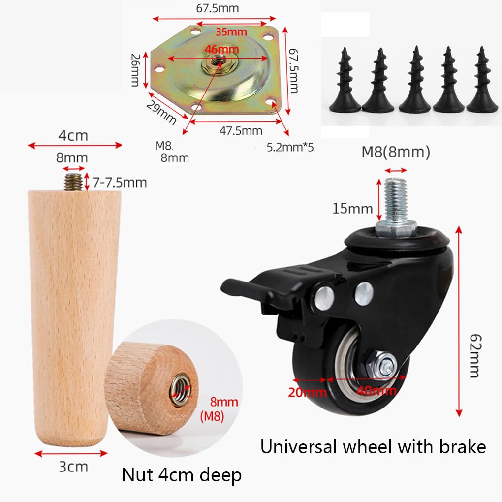 Confezione da 4 gambe regolabili per tavolo, piedini per mobili in legno massiccio con ruote dei freni, design rotondo conico, perfetti per armadi e progetti fai da te (altezza 10 cm)