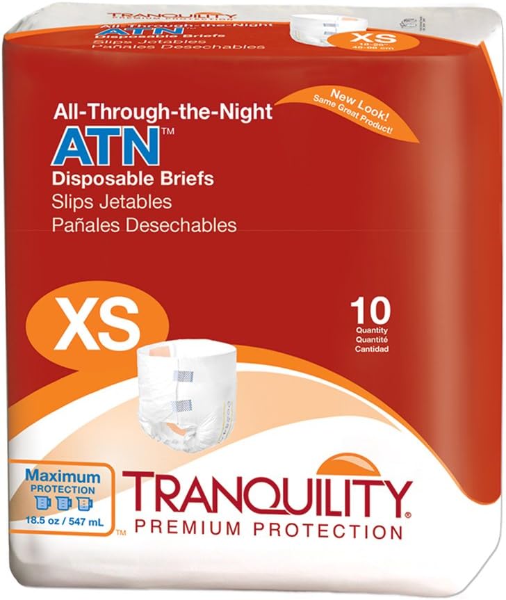Tranquility ATN Overnight Adult Diapers with Tabs, X-Small, 10 Ct | 18.5oz Capacity, 18-26in Waist, Overnight Leak Protection, Breathable, Odor Control, Refastenable Tabs, Unisex Adult Briefs